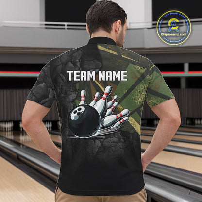 Green Camo Black Bowling Polo, Quarter Zip Shirts for Men Custom Team Bowling Jersey NQS10929