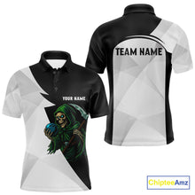 Load image into Gallery viewer, Black and White Funny Skull reaper Bowling Polo, 1/4 Zip Shirts For Men Custom Team Bowling Jersey NQS11100