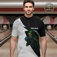 Load image into Gallery viewer, Black and White Funny Skull reaper Bowling Polo, 1/4 Zip Shirts For Men Custom Team Bowling Jersey NQS11100