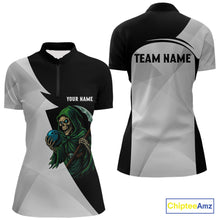 Load image into Gallery viewer, Black and White Funny Skull reaper Bowling Polo, 1/4 Zip Shirts For Women Custom Team Bowling Jersey NQS11100
