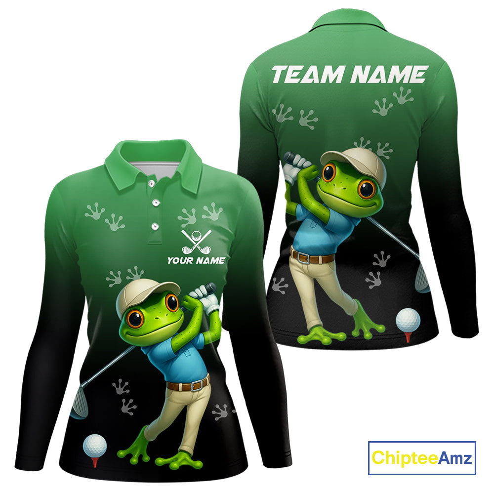 Funny Frog Green Golf polo shirt for Women Custom ladies golf top, personalized golf gifts NQS11104