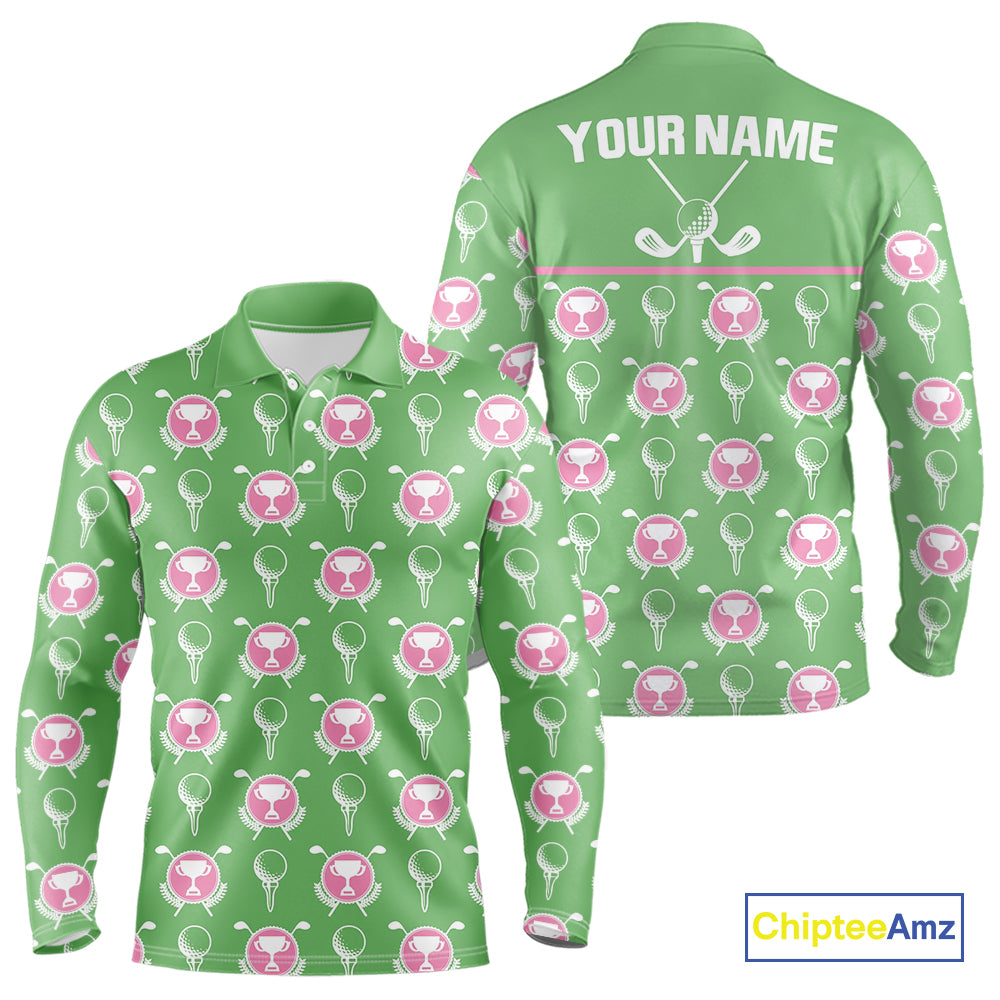 Green and Pink Golf pattern polo golf shirt for men Custom men's golf clothes, best golf gifts NQS11105