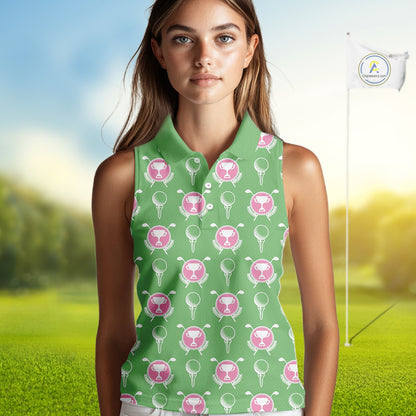 Green and Pink Golf pattern Sleeveless polo golf shirt Custom ladies's golf clothes, best golf gifts NQS11105