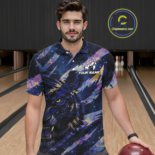 Blue and Purple watercolor Tiger Bowling Polo, Quarter Zip Shirt For Men Custom bowling Team outfit NQS11308