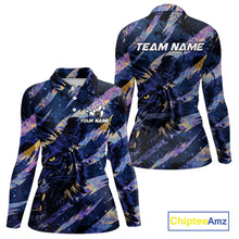 Load image into Gallery viewer, Blue and Purple watercolor Tiger Bowling Polo, Quarter Zip Shirt For Women Custom bowling Team outfit NQS11308