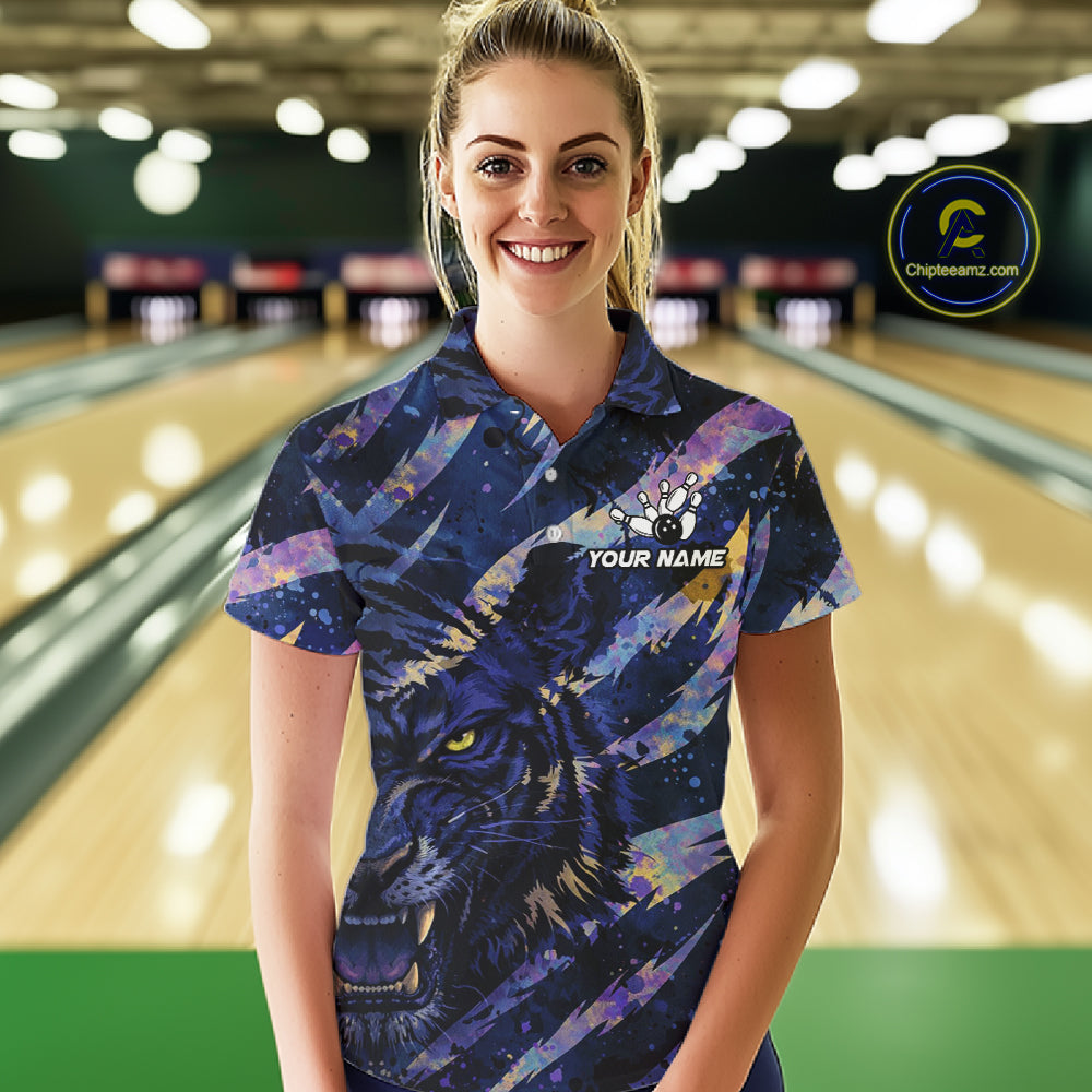 Blue and Purple watercolor Tiger Bowling Polo, Quarter Zip Shirt For Women Custom bowling Team outfit NQS11308