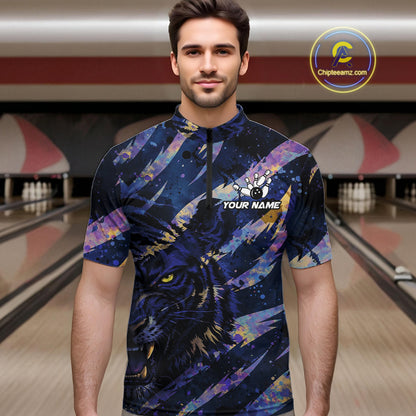 Blue and Purple watercolor Tiger Bowling Polo, Quarter Zip Shirt For Men Custom bowling Team outfit NQS11308