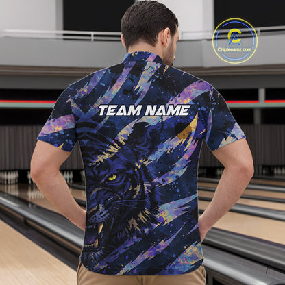 Blue and Purple watercolor Tiger Bowling Polo, Quarter Zip Shirt For Men Custom bowling Team outfit NQS11308