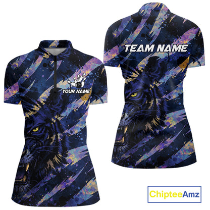 Blue and Purple watercolor Tiger Bowling Polo, Quarter Zip Shirt For Women Custom bowling Team outfit NQS11308