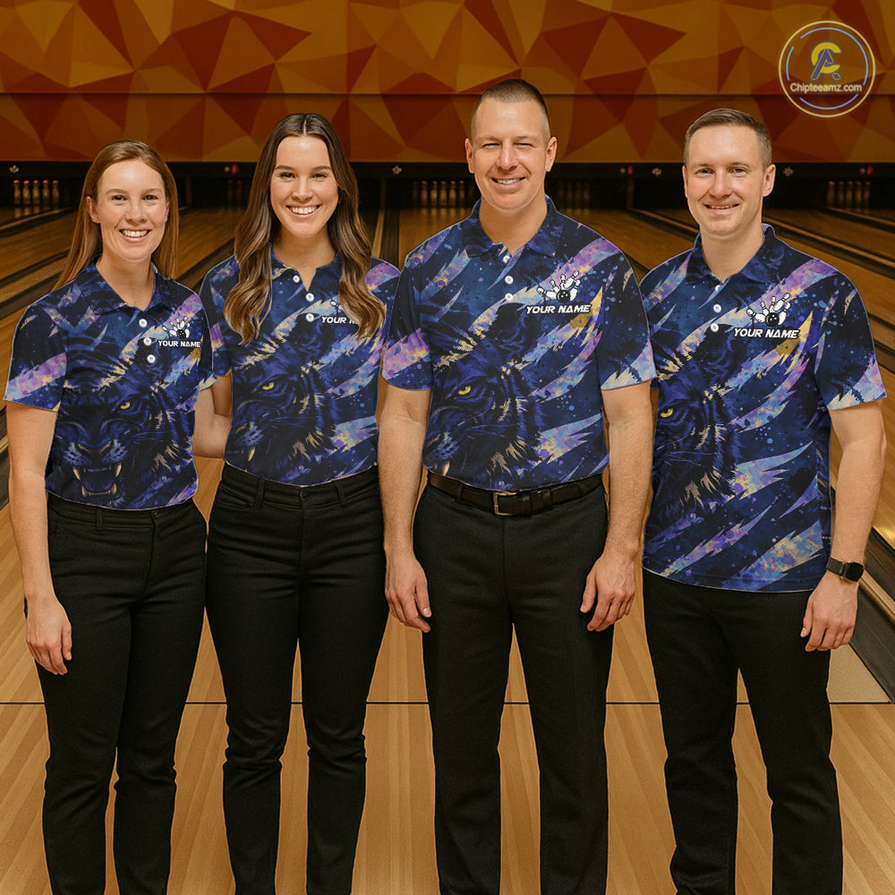 Blue and Purple watercolor Tiger Bowling Polo, Quarter Zip Shirt For Men Custom bowling Team outfit NQS11308
