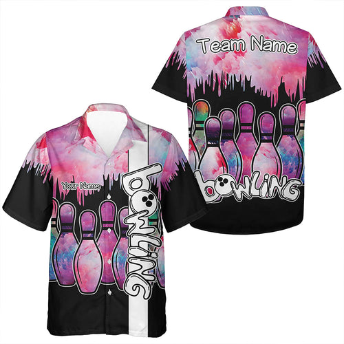 Black and Pink watercolor Bowling Hawaiian Shirt Custom Bowling button up shirt Team Outfit NQS9593