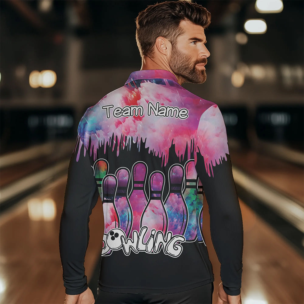 Black and Pink watercolor Bowling Polo, Quarter Zip Shirts For Men Custom Bowling Jersey Team Outfit NQS9593