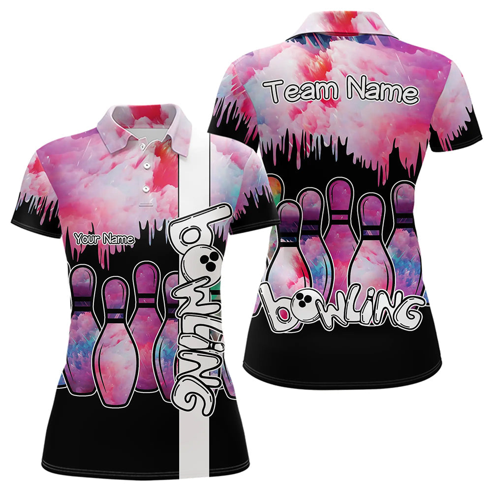 Black and Pink watercolor Bowling Polo, Quarter Zip Shirts For Women Custom Bowling Jersey Team Outfit NQS9593
