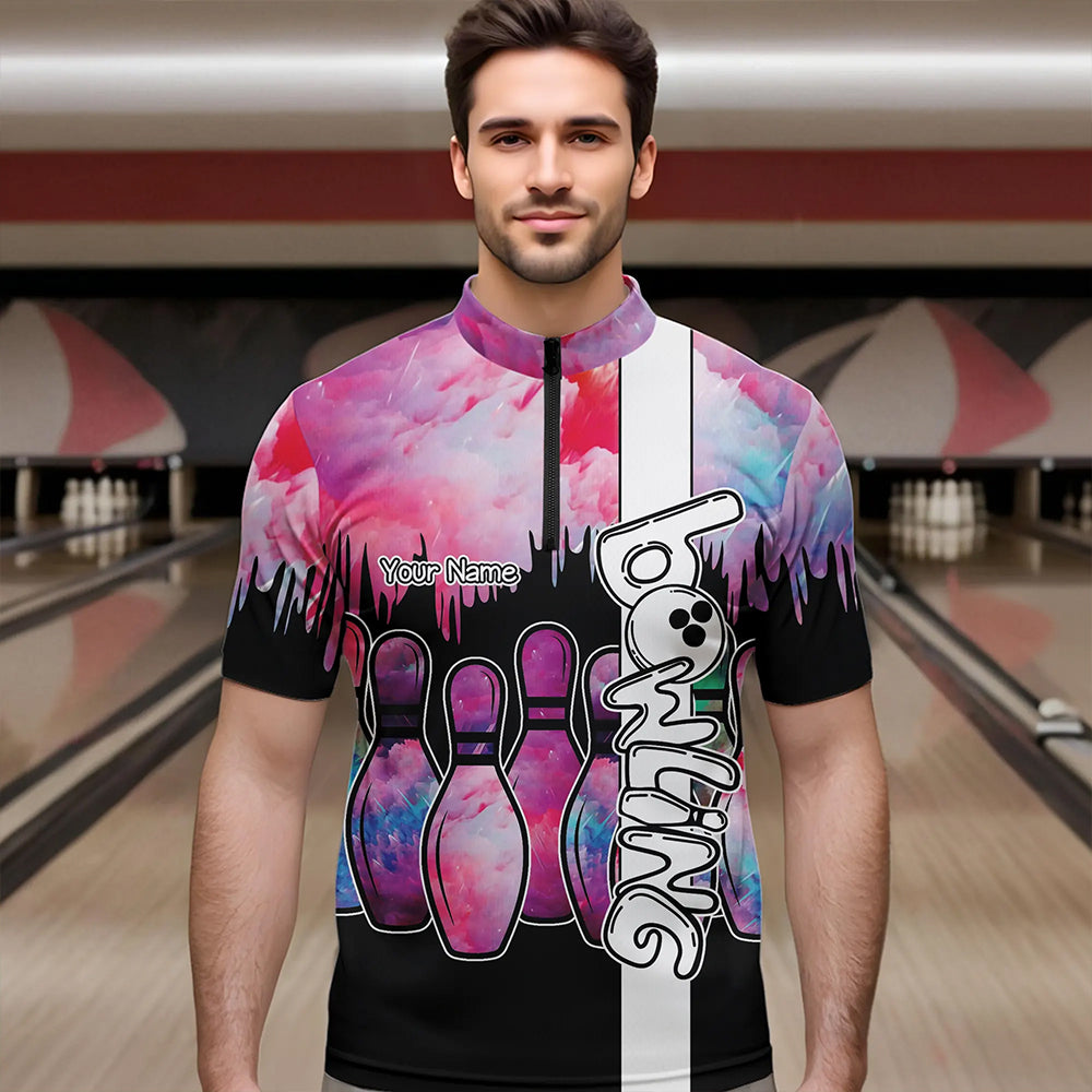 Black and Pink watercolor Bowling Polo, Quarter Zip Shirts For Men Custom Bowling Jersey Team Outfit NQS9593