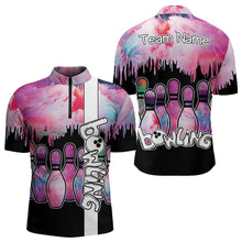 Load image into Gallery viewer, Black and Pink watercolor Bowling Polo, Quarter Zip Shirts For Men Custom Bowling Jersey Team Outfit NQS9593