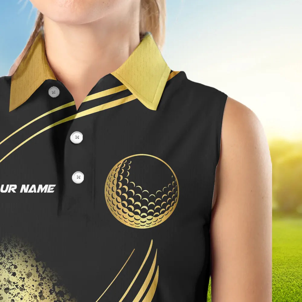 Black and Gold Women Sleeveless polo shirt custom golf apparel team jerseys, personalized golf gifts NQS9594