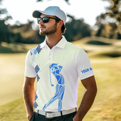 Blue Leopard argyle pattern white Men golf polo shirts custom golf wear for men, unique golf gifts NQS9736