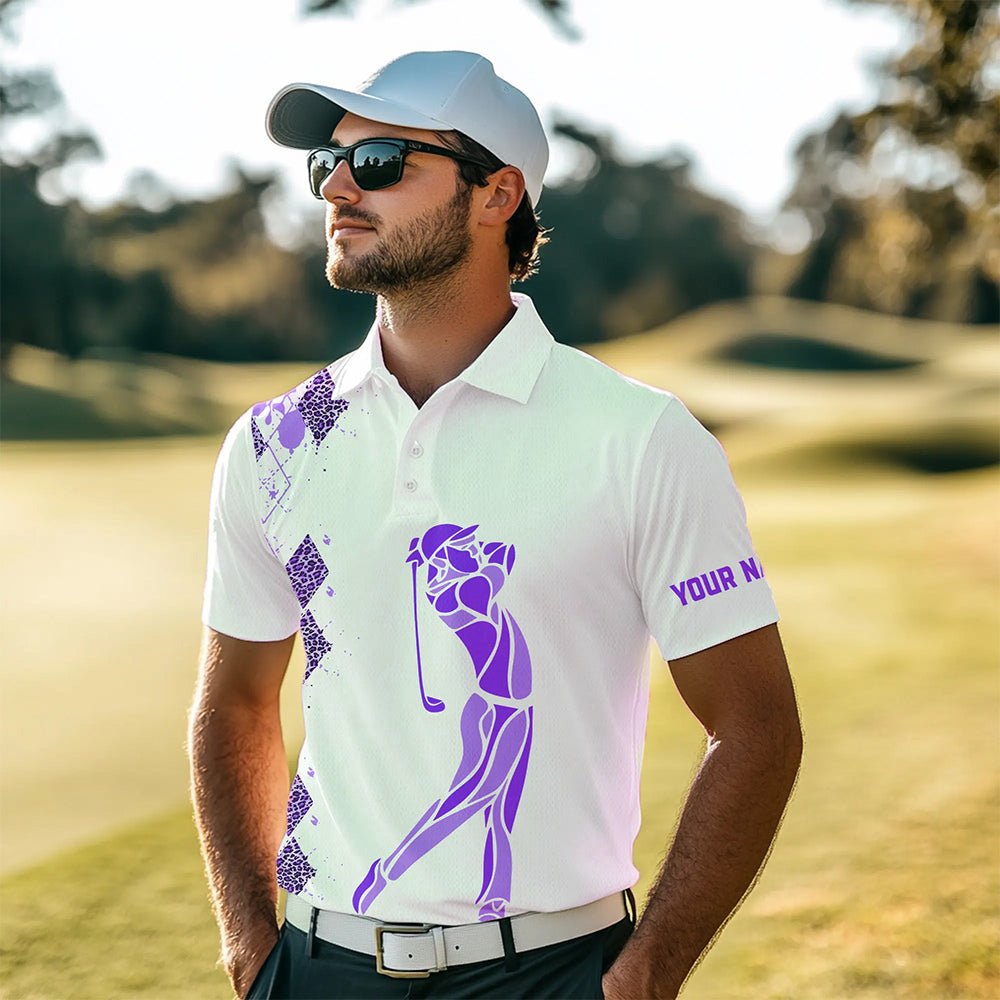 Purple Leopard argyle pattern white Men golf polo shirts custom golf wear for men, unique golf gifts NQS9737