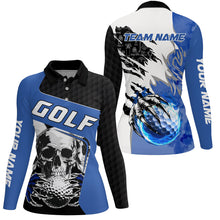 Load image into Gallery viewer, Womens golf polo shirts custom skull golf ball fire golf jerseys, unique golf gifts | Blue NQS7519