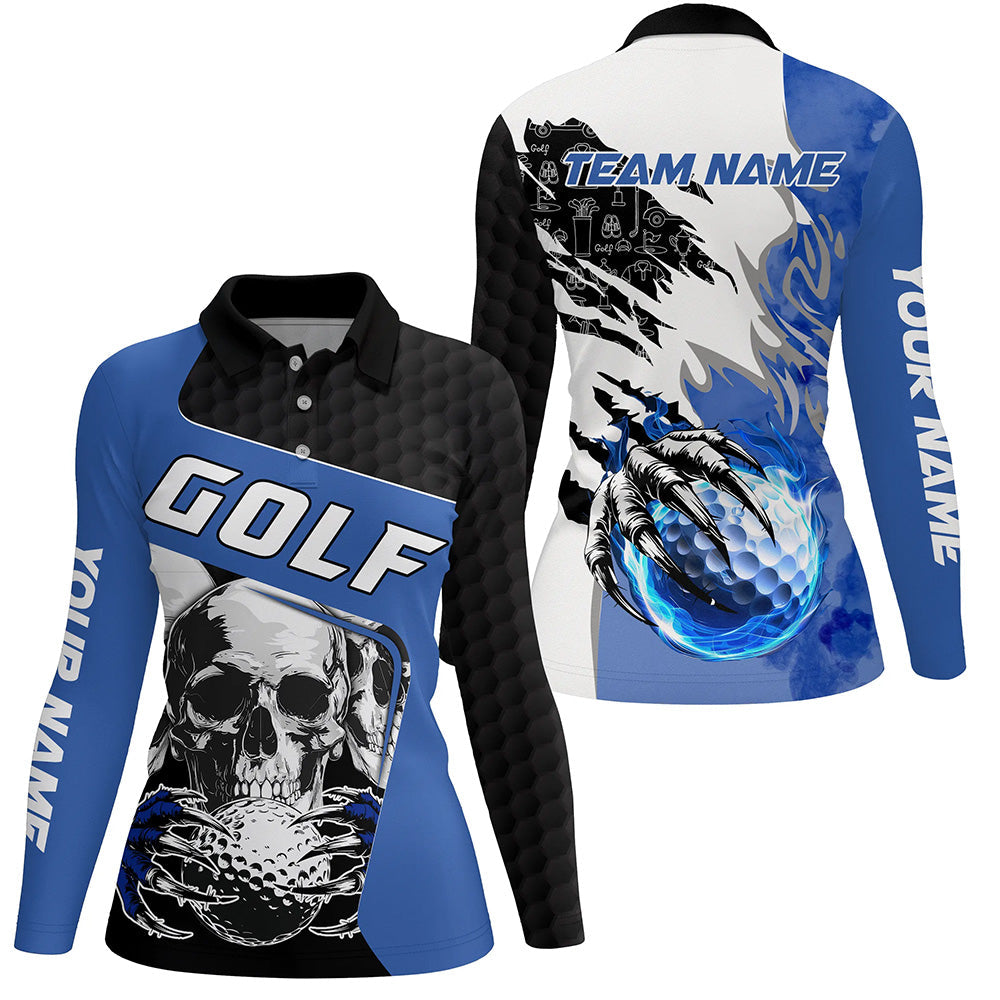 Womens golf polo shirts custom skull golf ball fire golf jerseys, unique golf gifts | Blue NQS7519