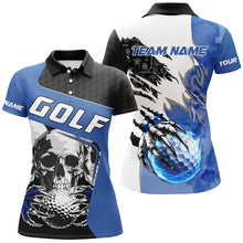 Load image into Gallery viewer, Womens golf polo shirts custom skull golf ball fire golf jerseys, unique golf gifts | Blue NQS7519