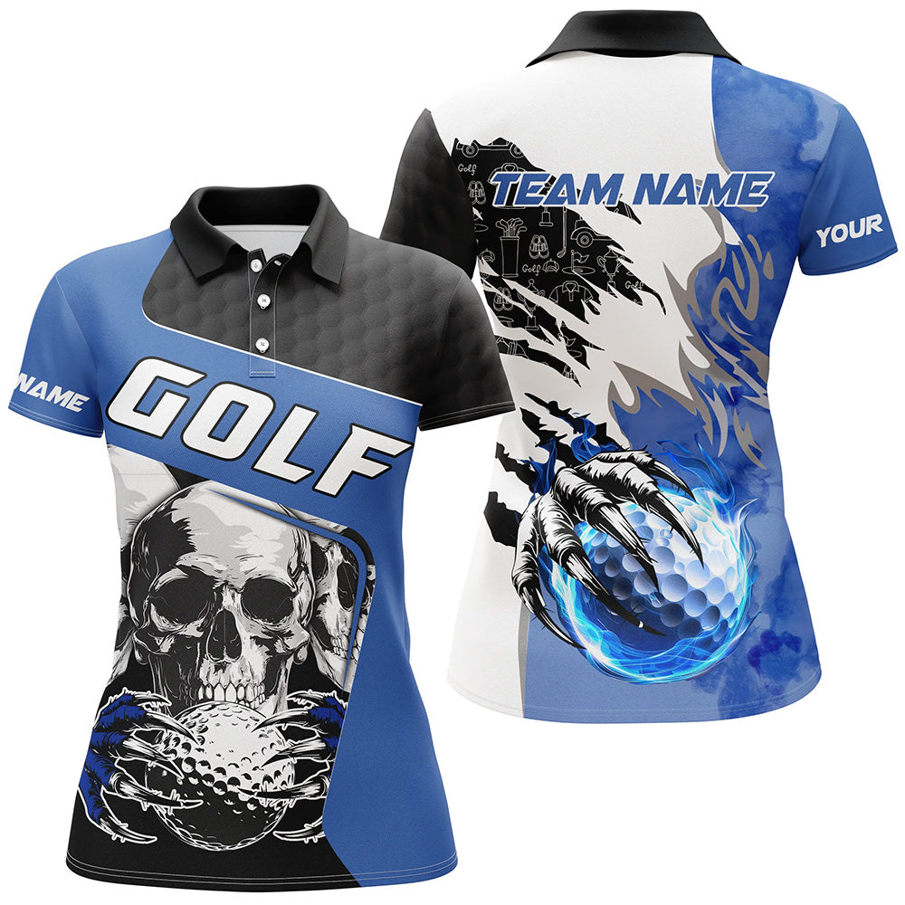 Womens golf polo shirts custom skull golf ball fire golf jerseys, unique golf gifts | Blue NQS7519