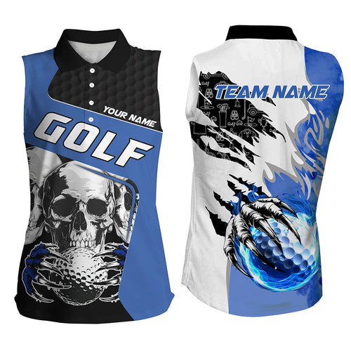 Womens sleeveless golf polo shirts custom skull golf ball fire golf jerseys, unique golf gifts | Blue NQS7519