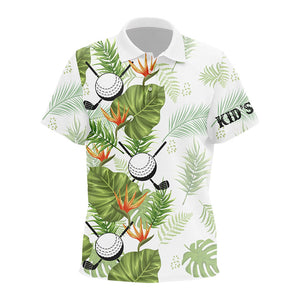 Green tropical leaf pattern Kid golf polo shirts custom golf ball clubs golf apparel for Kid NQS7522