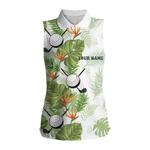 Green tropical leaf pattern Womens sleeveless golf polo shirts custom golf ball clubs golf apparel NQS7522