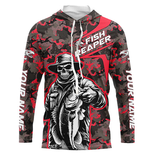 Custom Fish Reaper Skull Bass Long Sleeve Fishing Shirt, Bass Hunter Fishing Jerseys | Red Camo IPHW6506