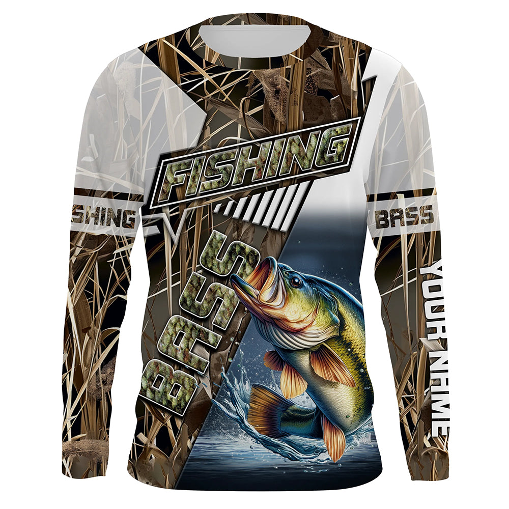 Largemouth bass fishing grey camo Customize name long sleeves fishing shirts NQS1861