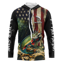 Load image into Gallery viewer, Northern Pike fishing American Flag patriotic custom name UV Protection Long Sleeve Fishing apparel NQS500