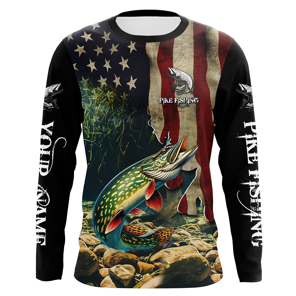 Northern Pike fishing American Flag patriotic custom name UV Protection Long Sleeve Fishing apparel NQS500