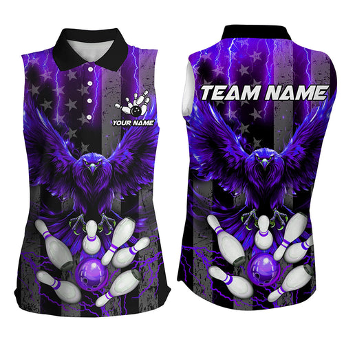 American flag Women sleeveless polo bowling shirt Custom purple lightning thunder Eagle Bowling Jersey NQS8541