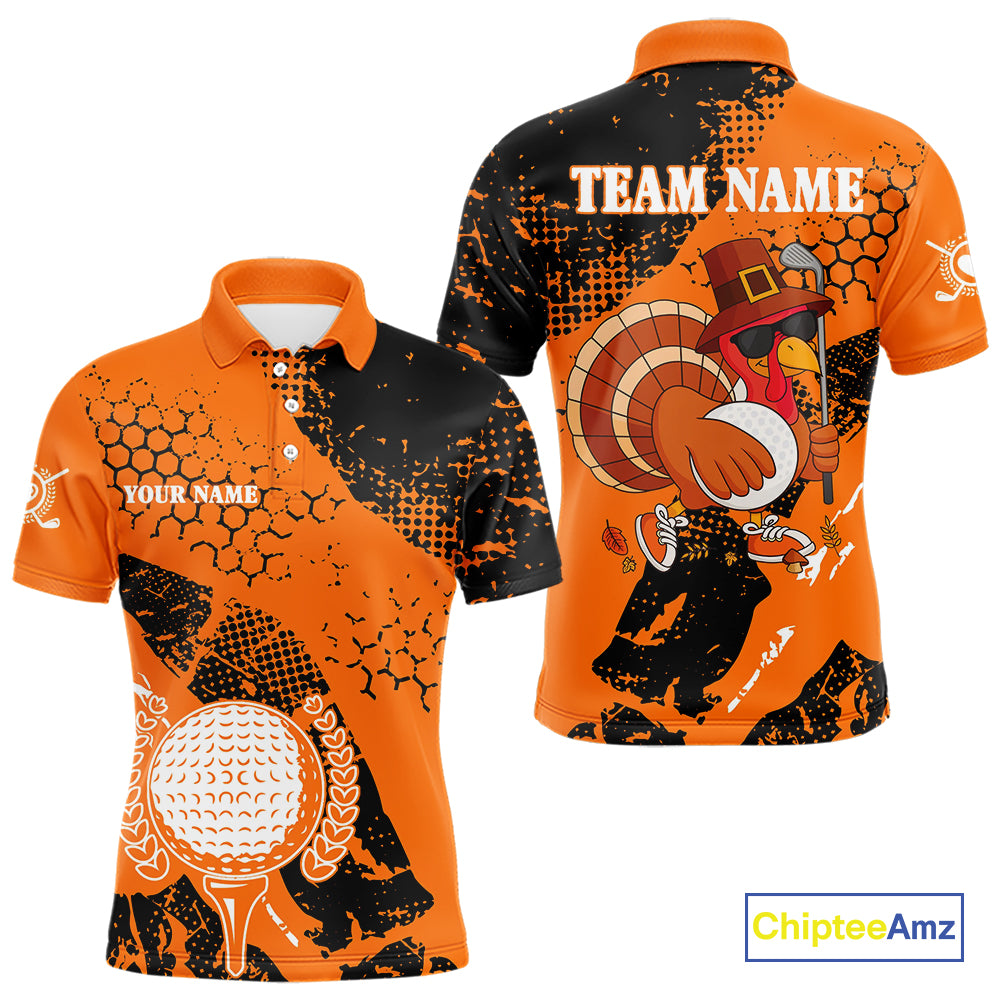 Black & Orange Turkey golf Mens golf polo shirts custom Thanksgiving golf shirt, Men's golf attire NQS10722