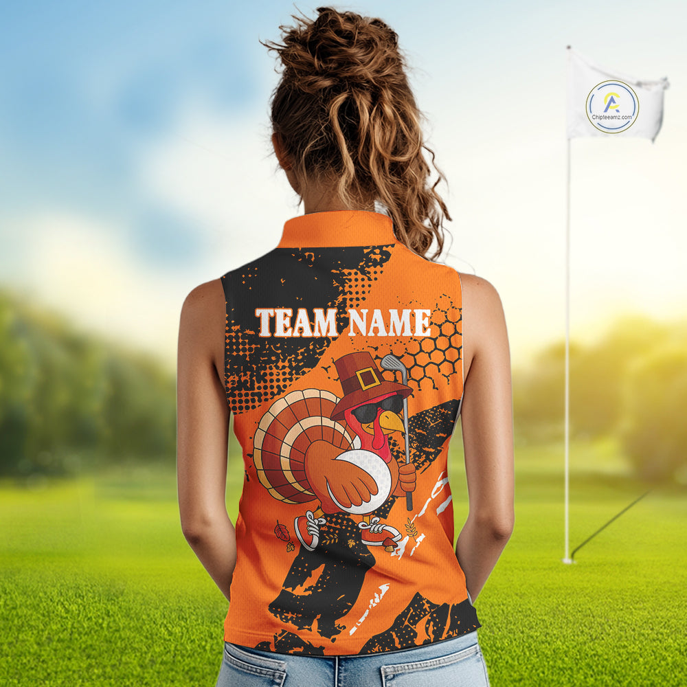 Black & Orange Turkey golf Sleeveless golf polo shirts custom Thanksgiving golf shirt for Ladies NQS10722