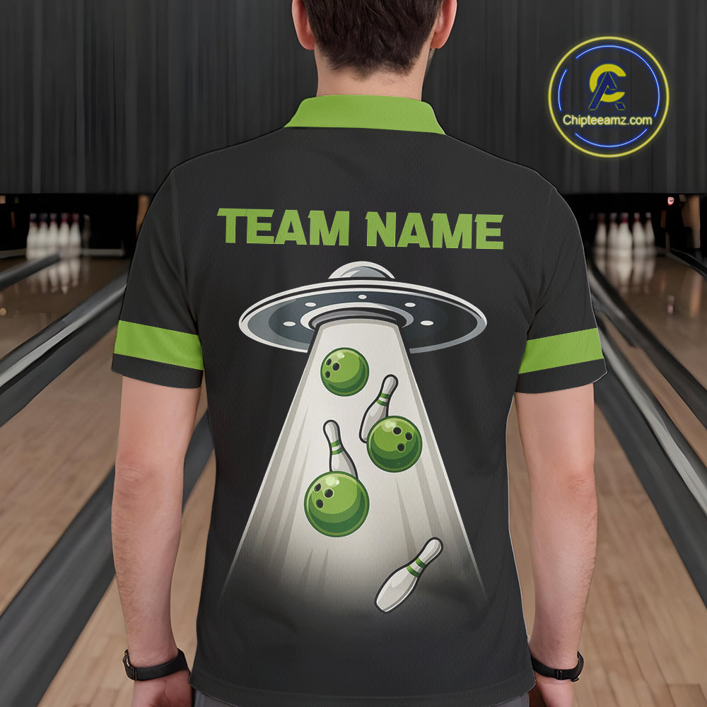 Black and Green ufo alien Retro Bowling Polo, Quarter Zip Shirts for men Custom Bowling Team Jersey NQS10727