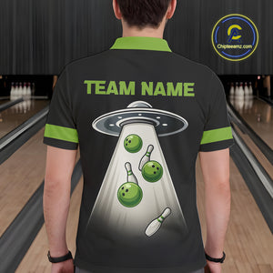 Black and Green ufo alien Retro Bowling Polo, Quarter Zip Shirts for men Custom Bowling Team Jersey NQS10727