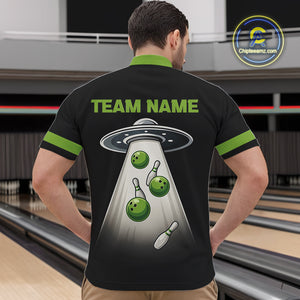 Black and Green ufo alien Retro Bowling Polo, Quarter Zip Shirts for men Custom Bowling Team Jersey NQS10727
