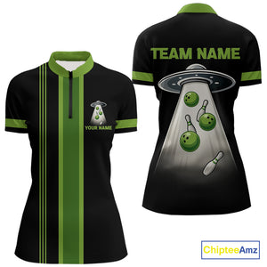 Black and Green ufo alien Retro Bowling Polo, Quarter Zip Shirts for Women Custom Bowling Team Jersey NQS10727