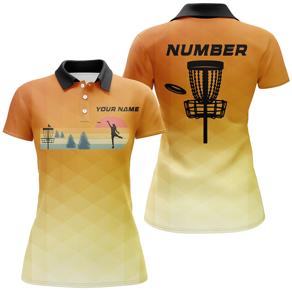 Orange gradient Retro disc golf polo shirt for women custom name and number frisbee golf jerseys NQS8779