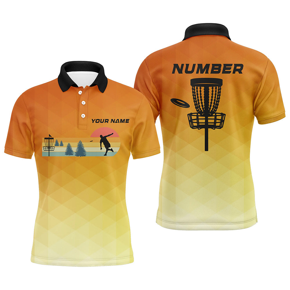 Orange gradient Retro disc golf polo shirts for men custom name and number frisbee golf jerseys NQS8779