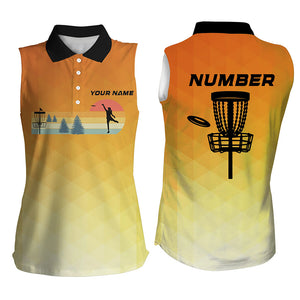 Orange gradient Retro disc golf sleeveless polo shirt custom name and number frisbee golf jerseys NQS8779