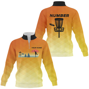 Orange gradient Retro disc golf Quarter zip sweatshirt custom name and number frisbee golf sweater NQS8779