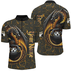 Black And Gold Custom Dragon Bowling Shirts For Men, Dragon Bowling Team Shirts NQS8783