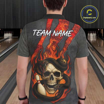 Red Flame Skull Snake Bowling Polo, Quarter Zip Shirts for Men Custom Team Bowling Jersey NQS10937