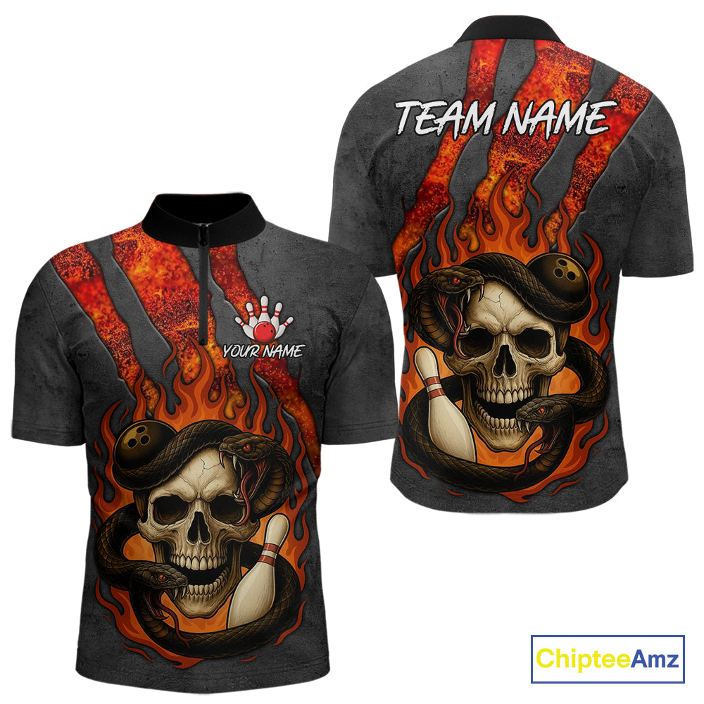 Red Flame Skull Snake Bowling Polo, Quarter Zip Shirts for Men Custom Team Bowling Jersey NQS10937