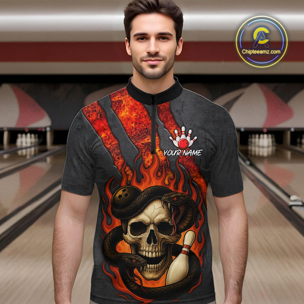 Red Flame Skull Snake Bowling Polo, Quarter Zip Shirts for Men Custom Team Bowling Jersey NQS10937