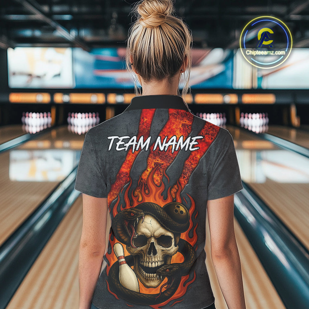 Red Flame Skull Snake Bowling Polo, Quarter Zip Shirts for Women Custom Team Bowling Jersey NQS10937