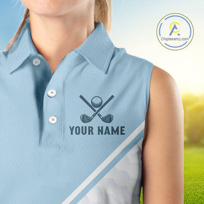 Light Blue and White Sleeveless Golf polo shirt Custom ladies's golf outfit, unique golf gifts NQS11112